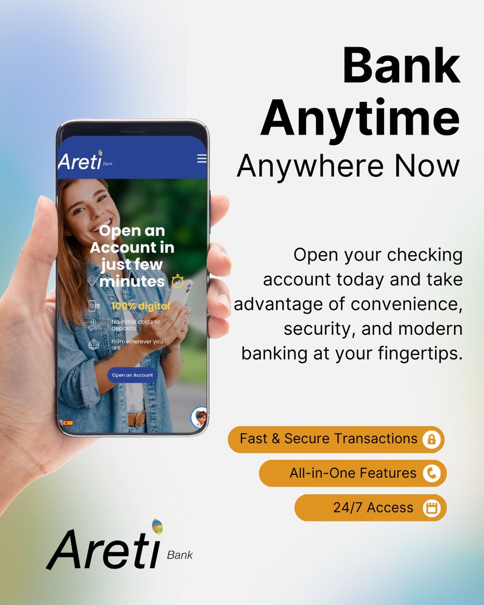 Areti_Bank's tweet image. Open your personal checking account at Areti Bank and enjoy the benefits of modern banking.

💳 Virtual Card
📱 Areti Mobile App
🔒 Secure Transactions

Visit the link in our profile to get started today! 

#AretiBank #CheckingAccount