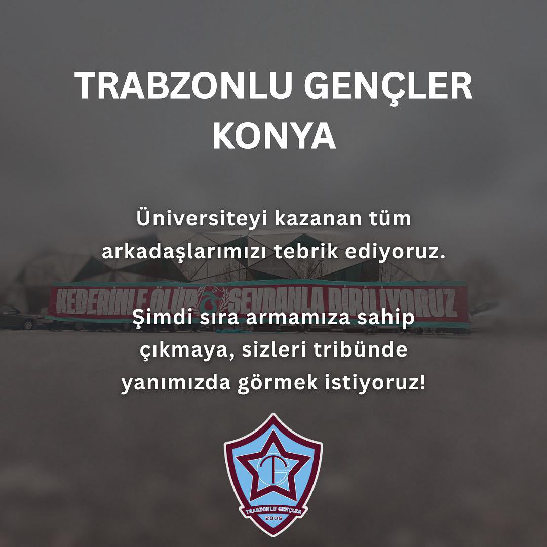 tg__konya's tweet photo. Üniversiteyi kazanan tüm arkadaşlarımızı tebrik ediyoruz.
Şimdi sıra armamıza sahip çıkmaya, sizleri tribünde yanımızda görmek istiyoruz!
Detaylı bilgi için Dm’den ulaşabilirsiniz. #TrabzonluGençler https://t.co/TvayhvAMJj