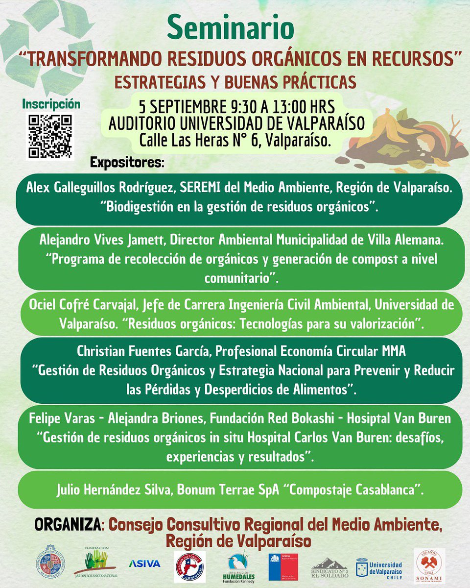 Atención 📣 ¿ te interesa conocer sobre residuos orgánicos 🥒🍌🥑 buenas prácticas y sus beneficios ?
Te invitamos al seminario “Transformando Residuos Orgánicos en Recursos”, organizando por el Consejo Consultivo Regional de Medio Ambiente. 
👉 cupos limitados. 
¡Te esperamos!