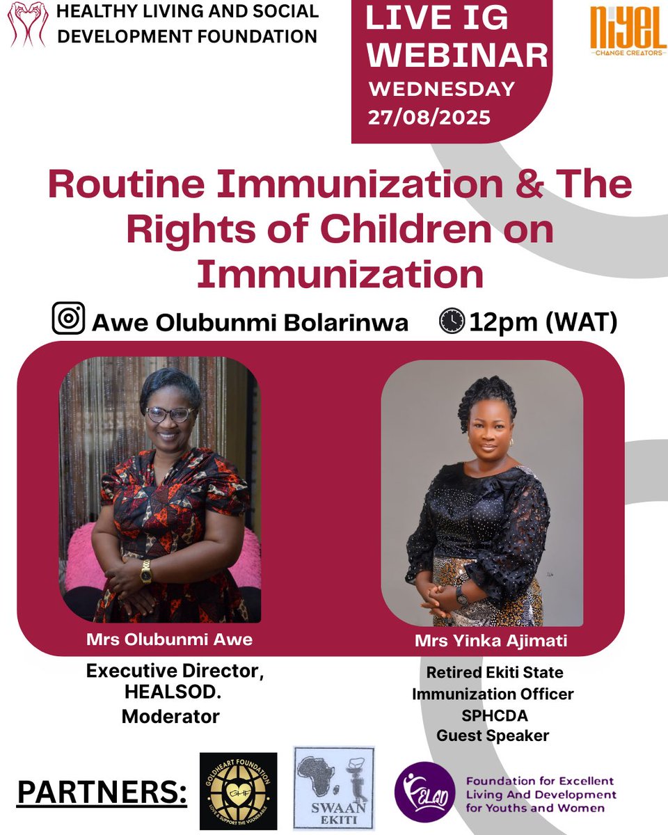 HEALTHYLIVINGA8's tweet image. Join us this Wednesday, 27th August 2025 at 12PM (WAT) on Instagram Live as we discuss: Routine Immunization &amp;amp; The Rights of Children on Immunization.

Let’s unite for healthier futures and stronger communities. 

#routineimmunization #childrensrights #vaccineswork #publichealth
