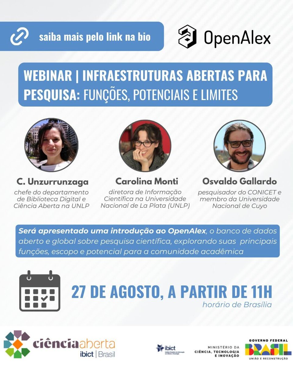 Centro Argentino de Información Científica y Tecnológica (CAICYT) promoverá webinar sobre infraestruturas abertas para pesquisa. Será apresentado introdução ao <a href="/OpenAlex_org/">OpenAlex</a> , banco de dados aberto e global sobre pesquisa científica.
Inscreva-se pelo link:
conicet-gov-ar.zoom.us/meeting/regist…
