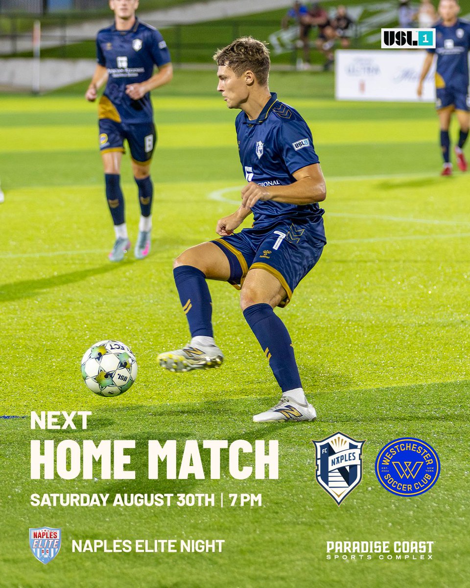 The playoff push continues in Paradise this Saturday at Naples Elite Night!  

Get ready for the Snowbird Derby as we take on Westchester SC for round 2 at home! ❄️🕊 

🆚 Westchester SC 
🏟 Paradise Coast Sports Complex Stadium  
🗓 Saturday August 30th
⏰ 7:00 PM Kickoff
⚽️