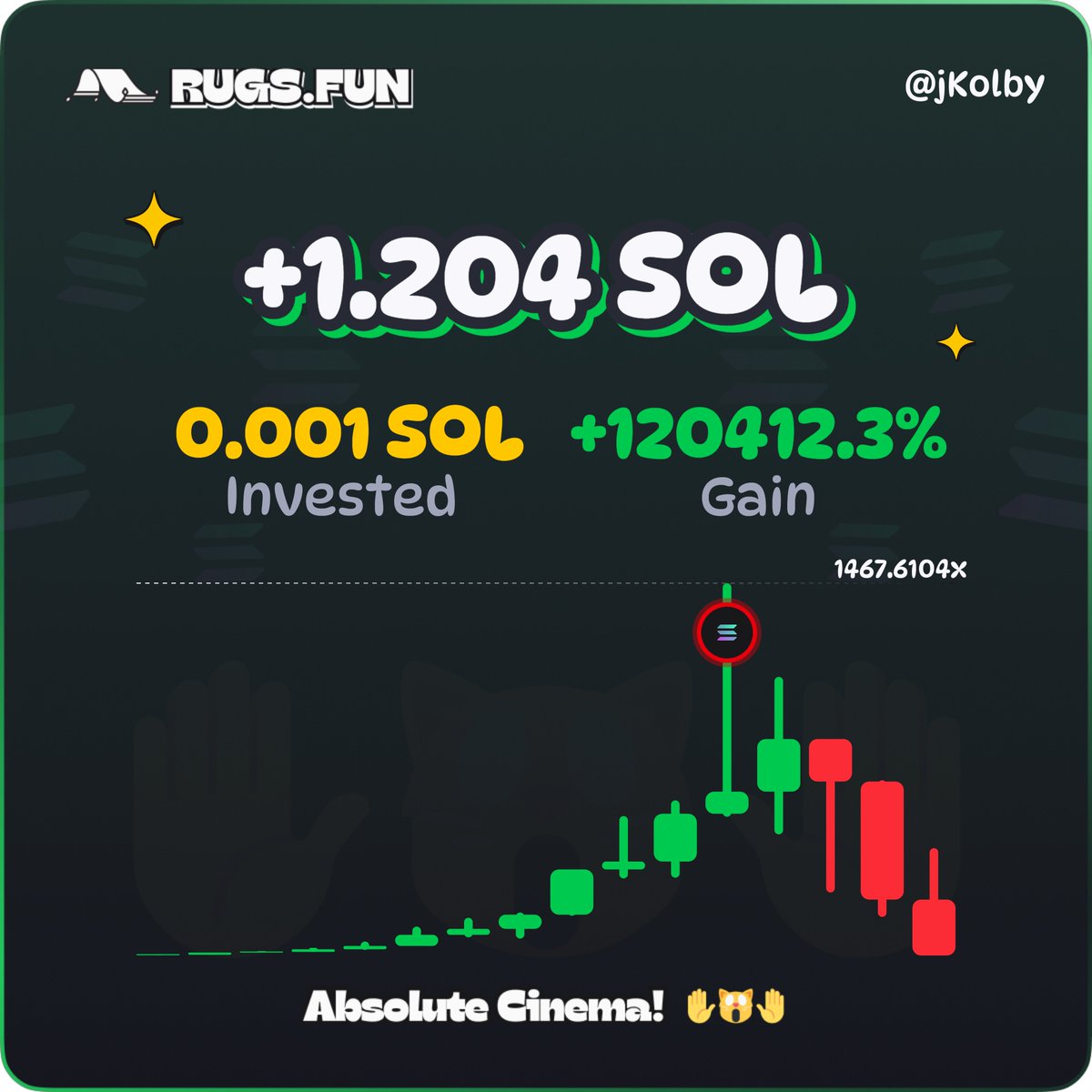 Just turned 0.001 to 1.2 $SOL on <a href="/RugsDotFunX/">we will be back</a> 

rugs.fun/?ref=jKolby