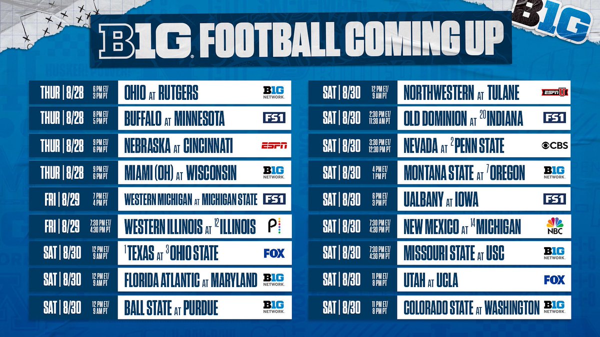 Big Ten Football (@b1gfootball) on Twitter photo Hereโs when and where to watch your favorite <a href="/bigten/">Big Ten Conference</a> team in action for Week 1 ๐ Hereโs when and where to watch your favorite <a href="/bigten/">Big Ten Conference</a> team in action for Week 1 ๐