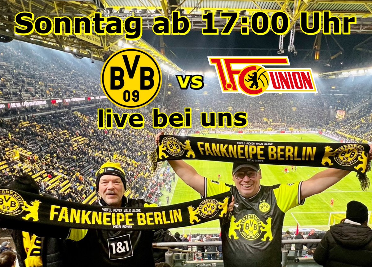 Bundesliga am Sonntag 
#wolfsburg vs #mainz   ab 15:30 Uhr 
#BVB vs #fcunion live   ab 17:00 Uhr 🖤💛
#köln vs #freiburg live   ab 19:30 Uhr ❤️🤍
Auf 12 TVs 📺 und 100 Sitzplätze &amp; ca. 60 Stehplätze 
#bvbfankneipe #Pub 
#Bundesliga #BVB #DAZN #sky #sportsbar #skySports
