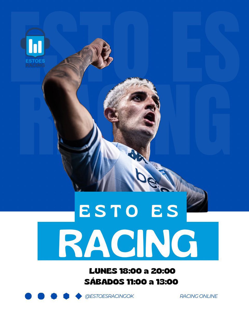 A partir de las 18:00 hacemos <a href="/EstoesRacingOk/">ESTO ES RACING</a> con toda la banda!

Con el <a href="/TanoCoccimiglio/">Hernán Coccimiglio²²</a>, <a href="/DiegoAMorris/">Diego Alberto Morris</a> y <a href="/madeofede/">Federico Madeo</a> 

Prod: <a href="/MariGianni/">Marina Gianninoto 🐾 ⭐️⭐️⭐️</a> 
CM: <a href="/JakaDiaz/">Jaka ⭐️⭐️⭐️</a> 

SUMATE DALE Y DEJA TU LIKE!!!
youtube.com/c/EstoesRacing