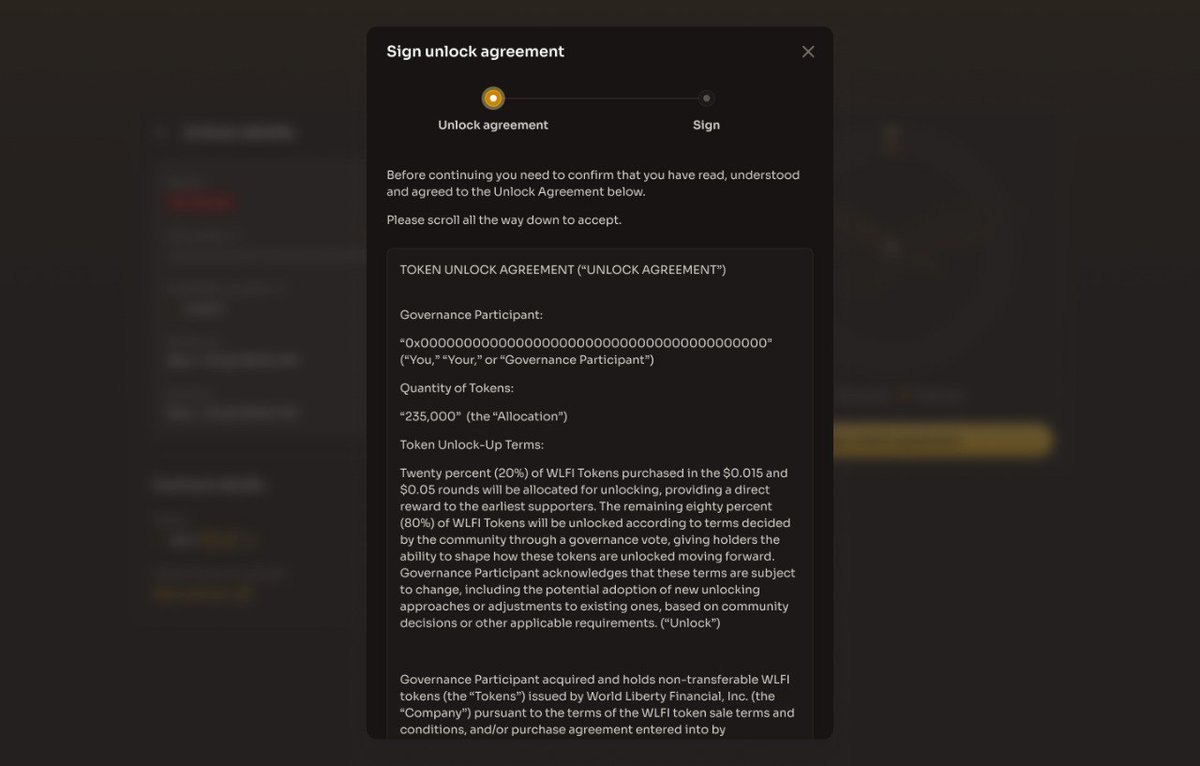 The Token Unlock Agreement displays your wallet address and the total tokens  in your allocation. Review the terms before proceeding.