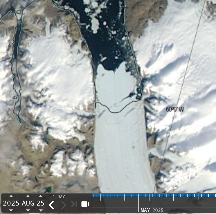 Thirteen years ago Greenland's Petermann Glacier calved off a large iceberg, to great press hysteria which was blamed on fossil fuels.  Since then the glacier has grown 15km, but it is about a calve again near the same spot. Cyclical propaganda.

worldview.earthdata.nasa.gov/?v=-319592.205…