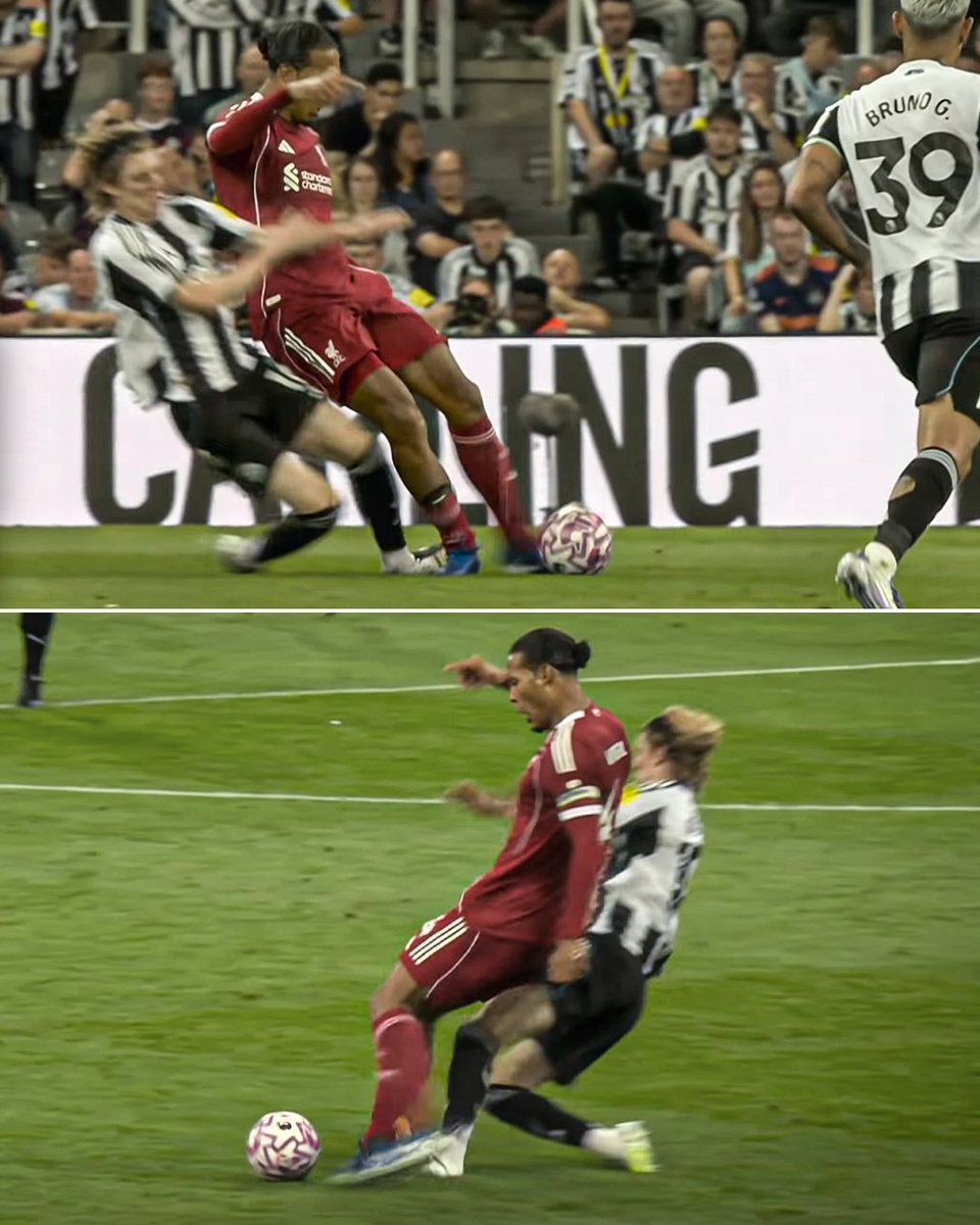 Anthony Gordon received a red card after VAR review for this challenge on Virgil van Dijk.