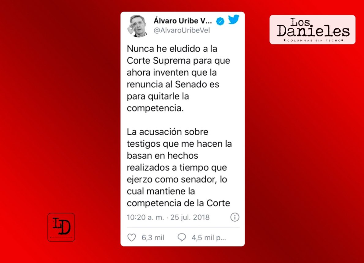 Daniel Coronell (@dcoronell) on Twitter photo El señor expresidente <a href="/AlvaroUribeVel/">Álvaro Uribe Vélez</a> renuncia a la prescripción cuando la posibilidad de que se surtiera había desaparecido y después de usar por años recursos para dilatar.
Entre muchos otros su renuncia al Senado asegurando que permanecería bajo la jurisdicción de la El señor expresidente <a href="/AlvaroUribeVel/">Álvaro Uribe Vélez</a> renuncia a la prescripción cuando la posibilidad de que se surtiera había desaparecido y después de usar por años recursos para dilatar.
Entre muchos otros su renuncia al Senado asegurando que permanecería bajo la jurisdicción de la