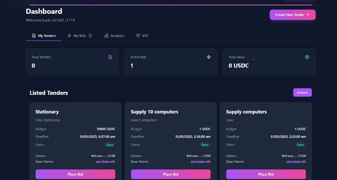 Lukayooma's tweet photo. Throwback to one of my earlier projects on @base — Extenda, an onchain tendering platform.

Built to make procurement transparent, fair &amp; accessible through blockchain.

A step towards redefining how organizations manage tenders in the digital age.

#Onchain #Base https://t.co/m39FvrKLS8
