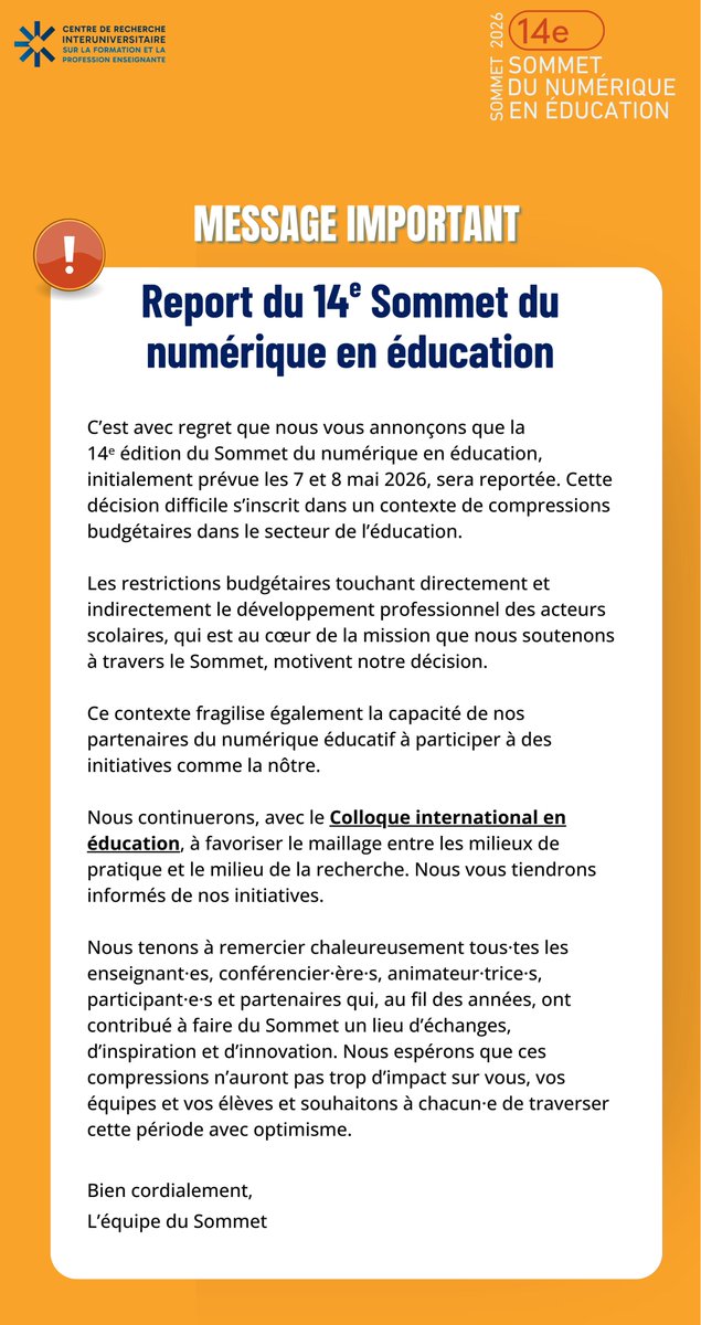 📢 𝐑𝐞𝐩𝐨𝐫𝐭 𝐝𝐮 𝟏𝟒ᵉ 𝐒𝐨𝐦𝐦𝐞𝐭 𝐝𝐮 𝐧𝐮𝐦é𝐫𝐢𝐪𝐮𝐞 𝐞𝐧 é𝐝𝐮𝐜𝐚𝐭𝐢𝐨𝐧

👉13ᵉ Colloque international en éducation :  colloque2026.crifpe.ca/fr