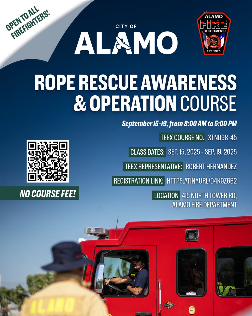 Firefighter Training in Alamo! 

🚨 Rope Rescue Awareness &amp; Operation Course 🧗 
Sept 15–19, 8 AM–5 PM @ Alamo FD. ✅ Open to ALL firefighters 💵 FREE

📍 415 N. Tower Rd. Register: tinyurl.com/d4k9z6b2 #AlamoFD #ProgressInMotion