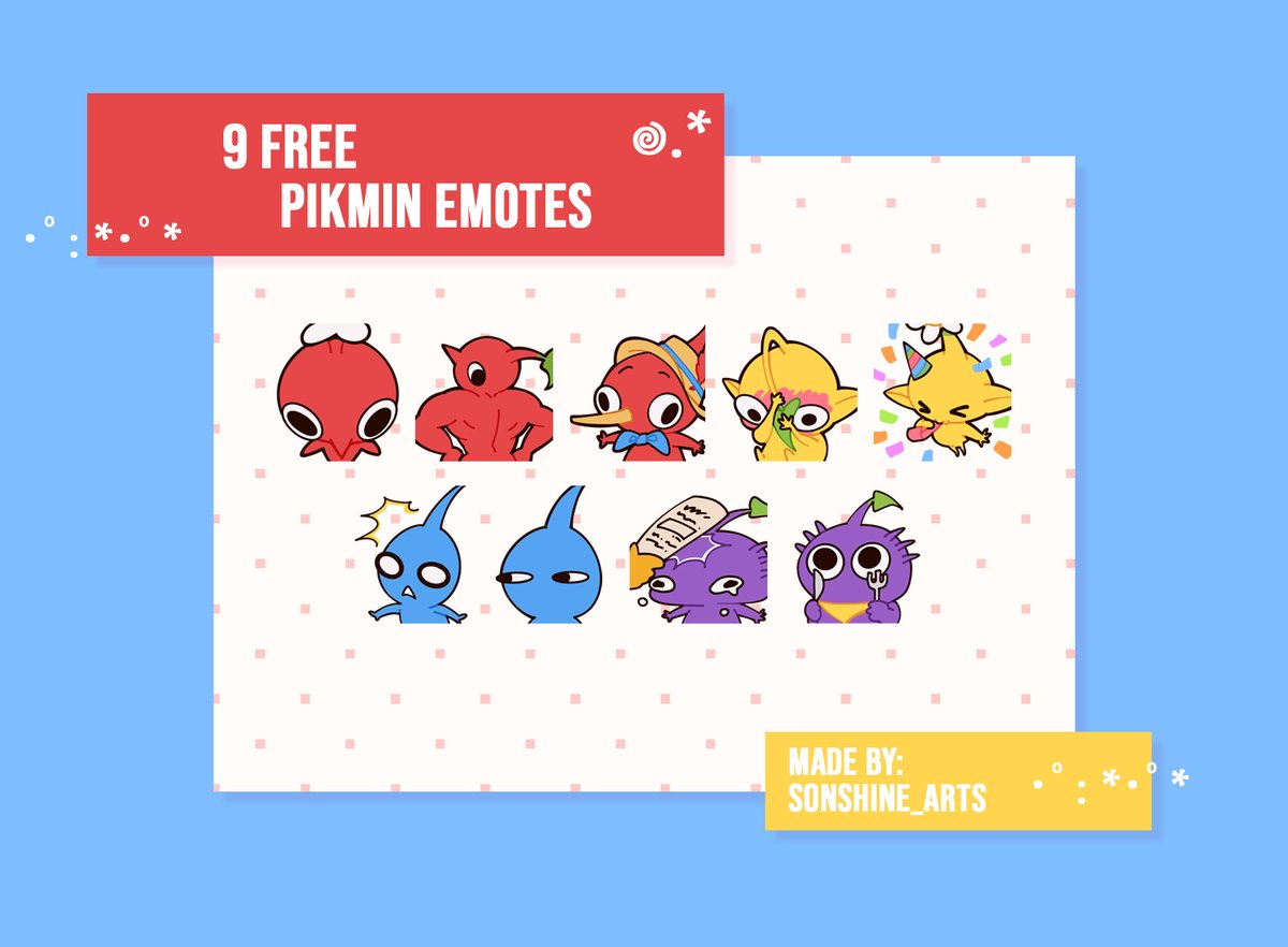 sonshine_arts's tweet image. *pikmin noises*

please take these 9 FREE pikmin emotes as my gift from me to you for september! 🌻 and remember, pikmin!

#pikmin #digitalarts #emotes