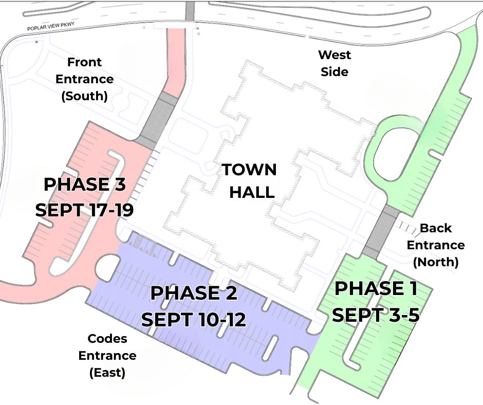 Pardon our mess, a more accessible Town Hall is coming!

ADA upgrades &amp; repaving are underway through mid-Sept. Work is phased, with parking available in non-active areas.

Schedule (weather depending) -
Concrete Work: Now
Phase 1: Sept 3–5
Phase 2: Sept 10–12
Phase 3: Sept 17–19