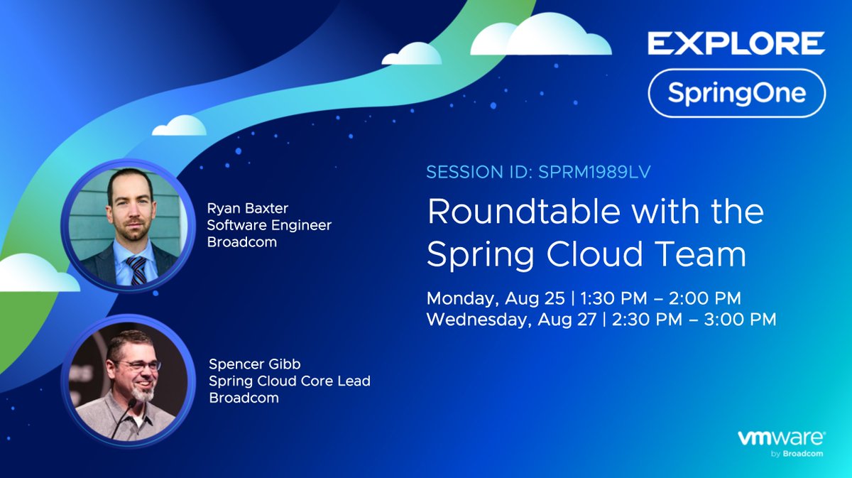 SpringOne's tweet image. Have questions about #Spring Cloud? 🤔 This is your chance! Join @spencerbgibb and @ryanjbaxter from the Spring Cloud team at #VMwareExplore 2025 for a Meet the Experts session today, Aug 25, 1:30-2:00 PM PDT. Come discuss anything #SpringCloud! brcm.tech/3HPCSTJ