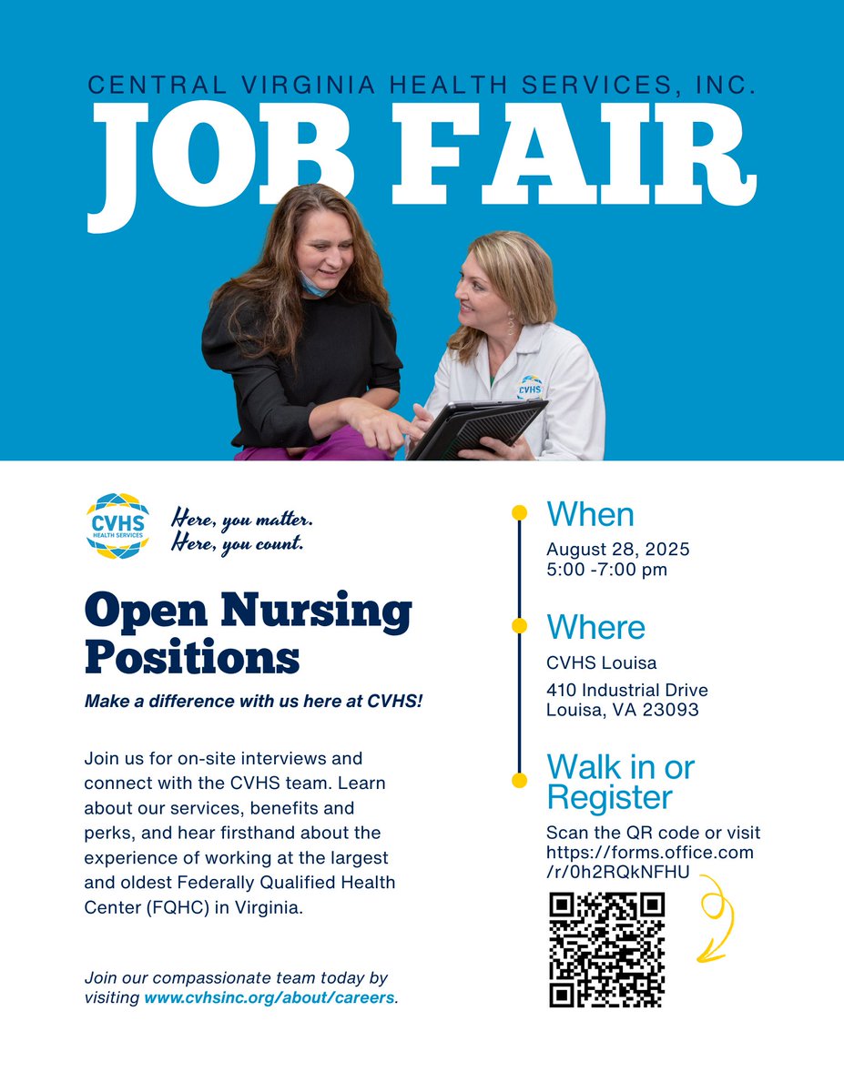 Ready to take the next step in your nursing career? 🌟

Don’t miss out on learning about open nursing positions at the CVHS Job Fair this Thursday, August 28 from 5 to 7 pm!

Register ahead by scanning the QR code or walk in to connect with our dedicated team.