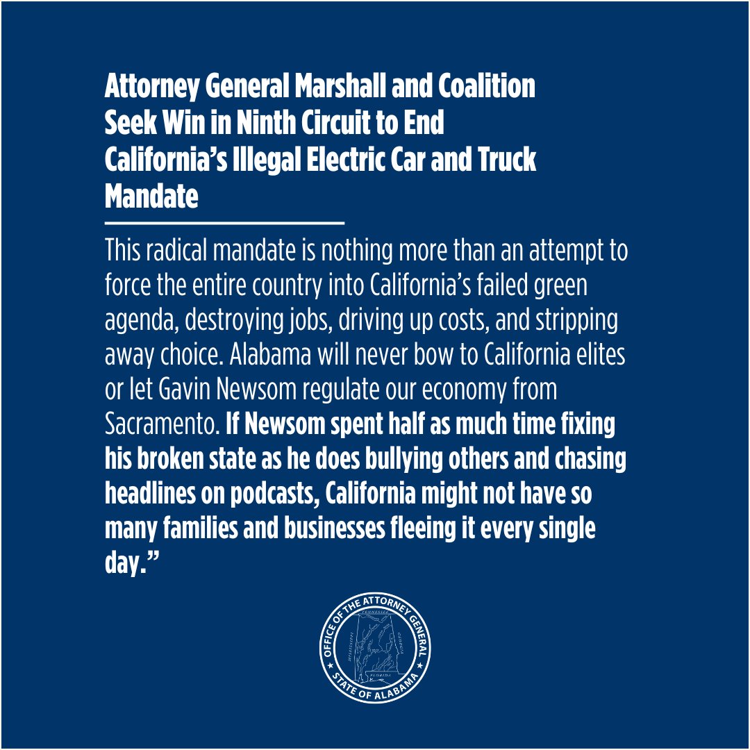 California and Gavin Newsom do not get to decide what cars and trucks Alabamians drive. 

Read more below 🔽