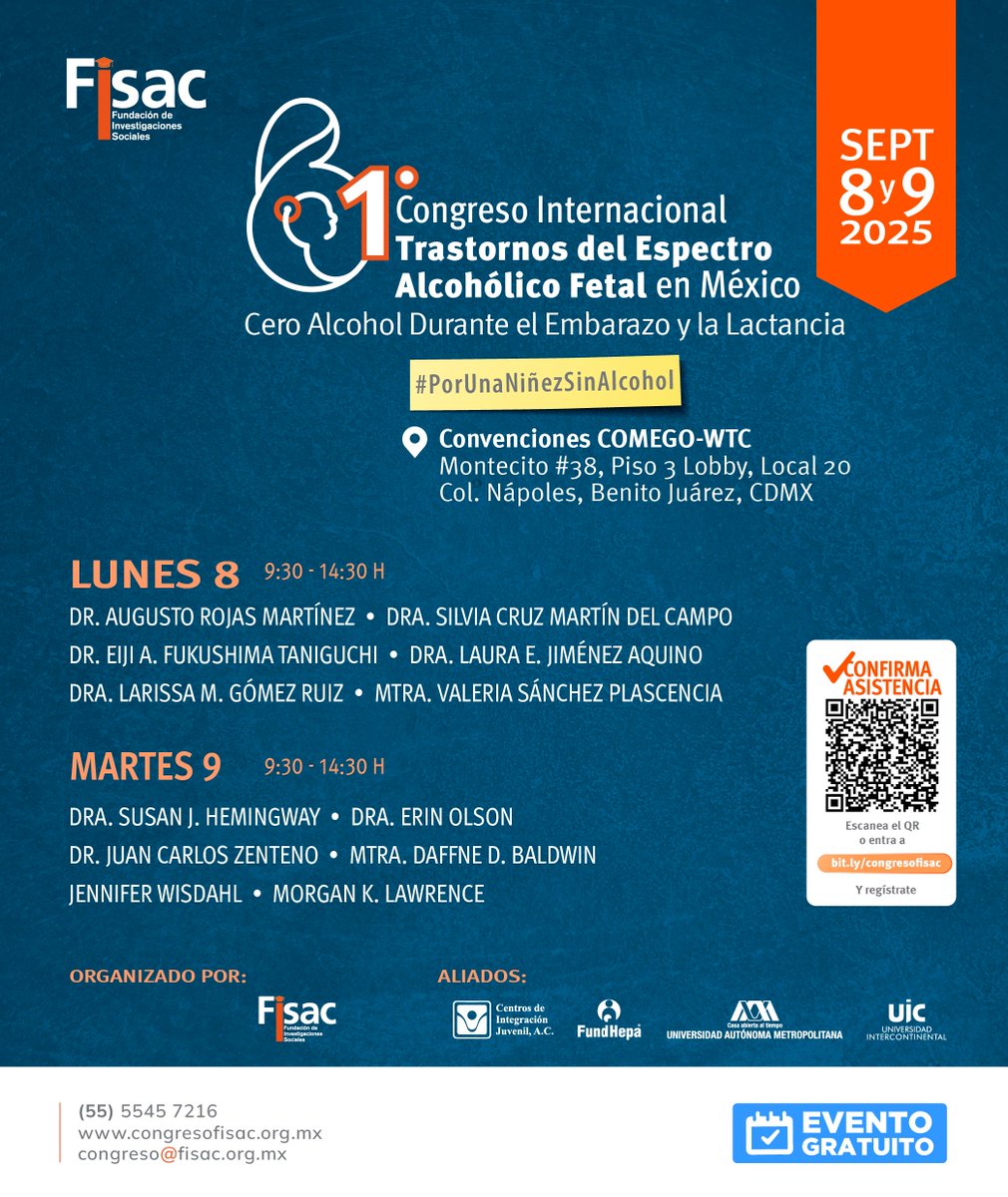 COMEGOAC's tweet image. En apoyo al fomento de actividades de responsabilidad social.
Congreso Internacional TEAF en México
Registro al evento: bit.ly/congresofisac
Página oficial: congresofisac.org.mx
Síguelos en sus redes sociales:
@MitosAlcohol en Facebook, Instagram y X | LinkedIn: FISAC