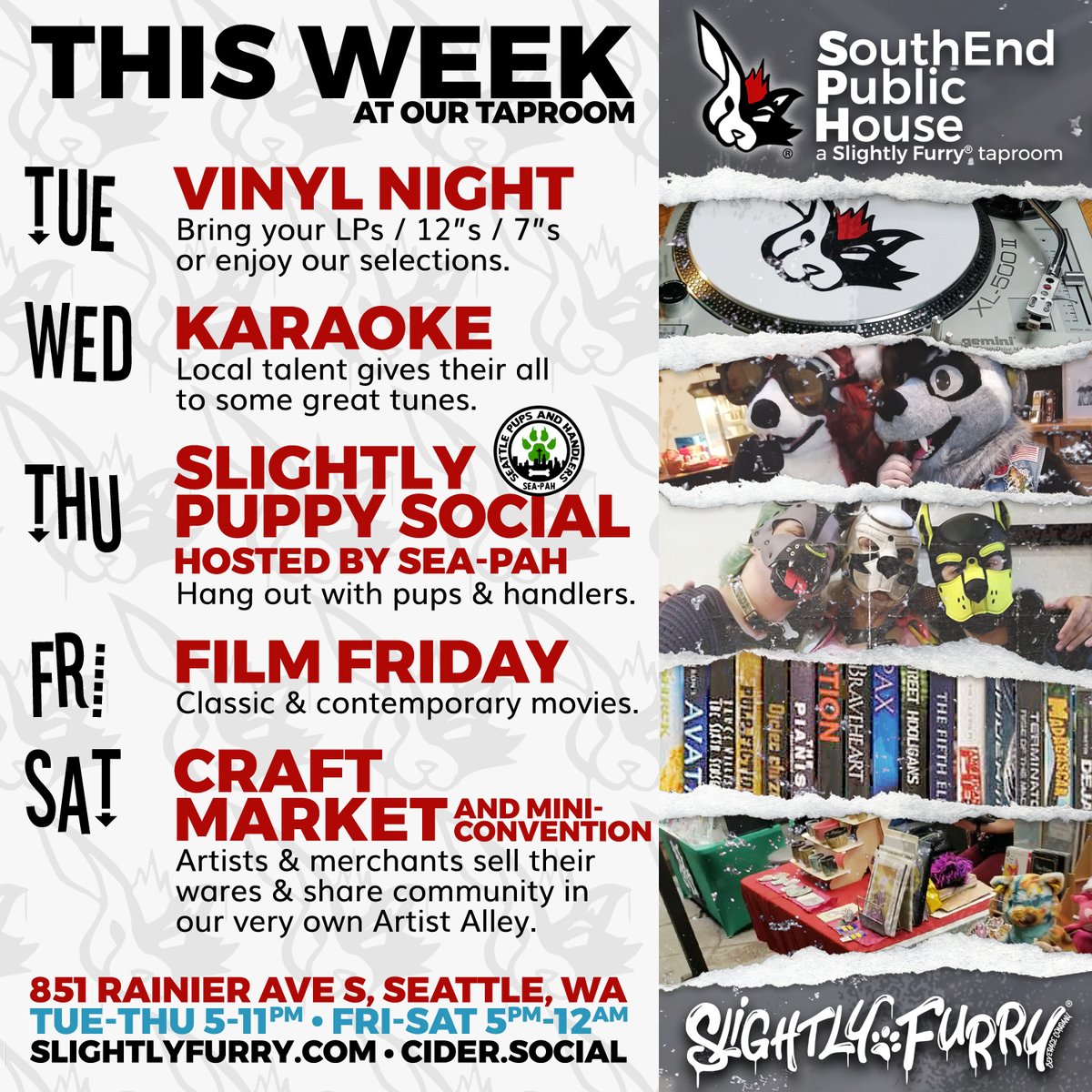 slightlyfurry's tweet image. It's the week YOU've been waiting for!
@SEAPAH's Puppy Social and our Craft Market are back this week! Don't miss out on all of the great cider, friends &amp;amp; finds!
#SouthEndPublicHouse #weeklyevents #cider #mead #Seattle