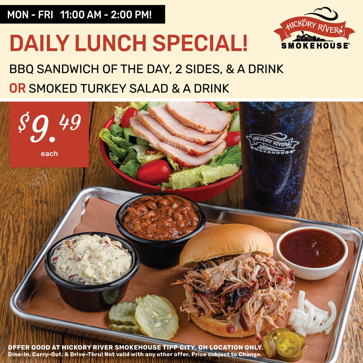 HR_TippCity's tweet image. Take a break from the ordinary lunch routine and dig into our Daily Lunch Special! Hearty portions of slow-smoked BBQ favorites at a price that makes lunch feel extra satisfying. Served fresh every weekday—perfect for a quick bite or a mid-day treat!
#LunchDoneRight #BBQTime