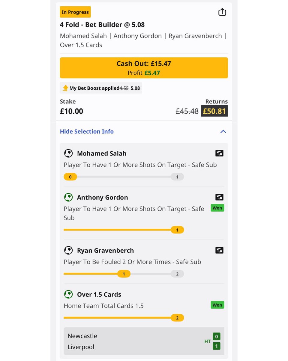 BadManBetting's tweet photo. ✅ Solid first half for the Bet Builder that.

Newcastle with a red card as well, hopefully Salah sees more of the ball now.

Big 45 ahead, let’s go. https://t.co/QwxJ2enNYr