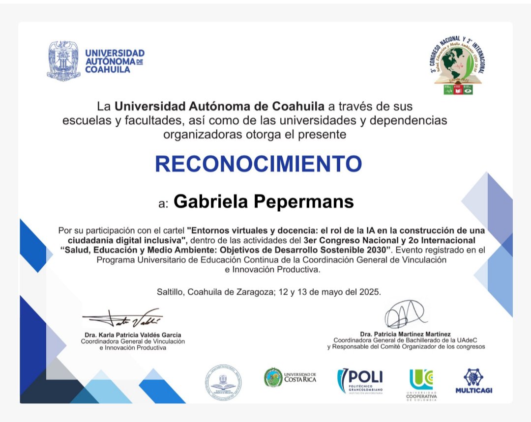 PepermansPs's tweet photo. Un honor haber participado como co-autora junto a la Dra. Copertari y el Mg. Nicolás Yoncheff  como ponente en el 3er Congreso Nacional y 2do Internacional "Salud, Educación y Medio Ambiente: Objetivos de Desarrollo Sostenible 2030" en la Universidad Autónoma de Coahuila, México. https://t.co/I7SuvbxPVP