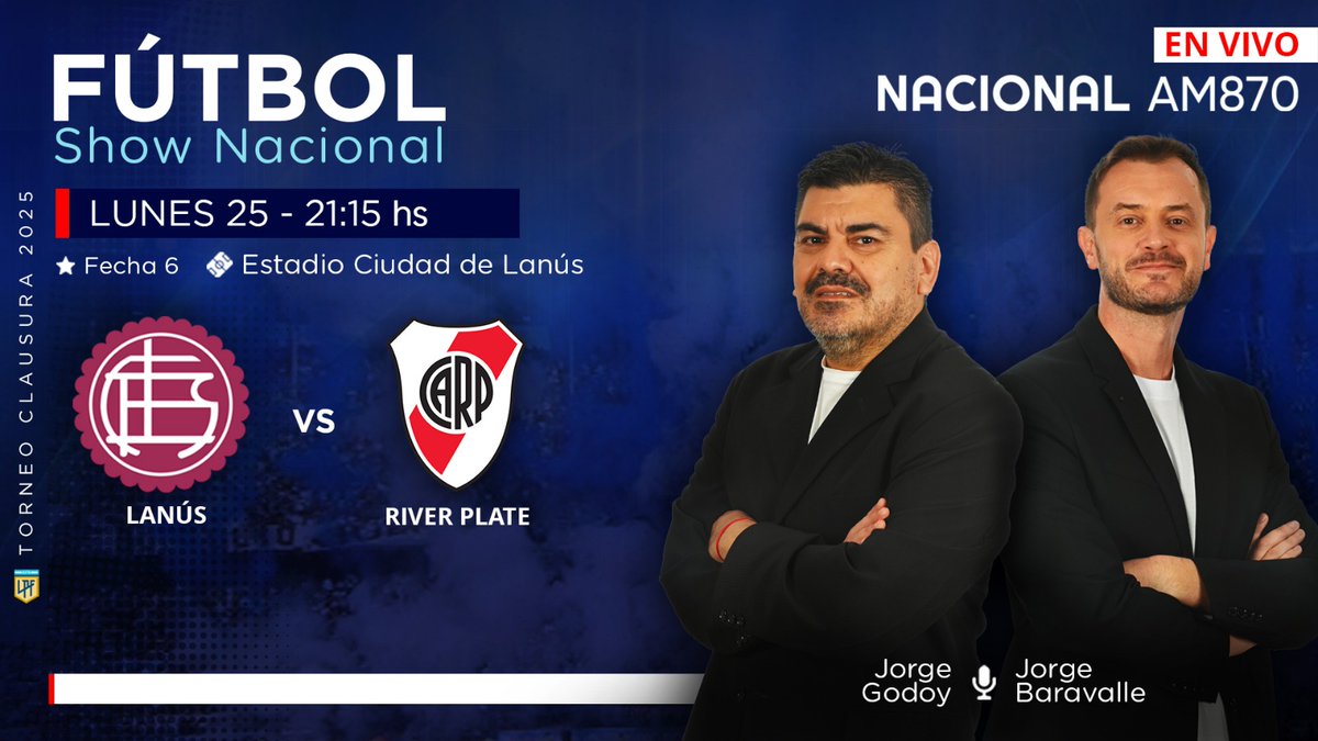 #FútbolShowNacional | ¡Partidazo en La Fortaleza y lo vas a vivir por <a href="/NacionalAM870/">Radio Nacional AM 870</a> !⚽ 

Desde las 20 hs, transmitimos #Lanús vs #River  en #AM870 ! 

Relata <a href="/JorGodoy/">Jorge Godoy</a>  comenta <a href="/jorgebaravalle/">Jorge Baravalle</a>
Vestuarios <a href="/sebaleanza/">Seba Leanza</a>
 
📻AM870
#TuRadio