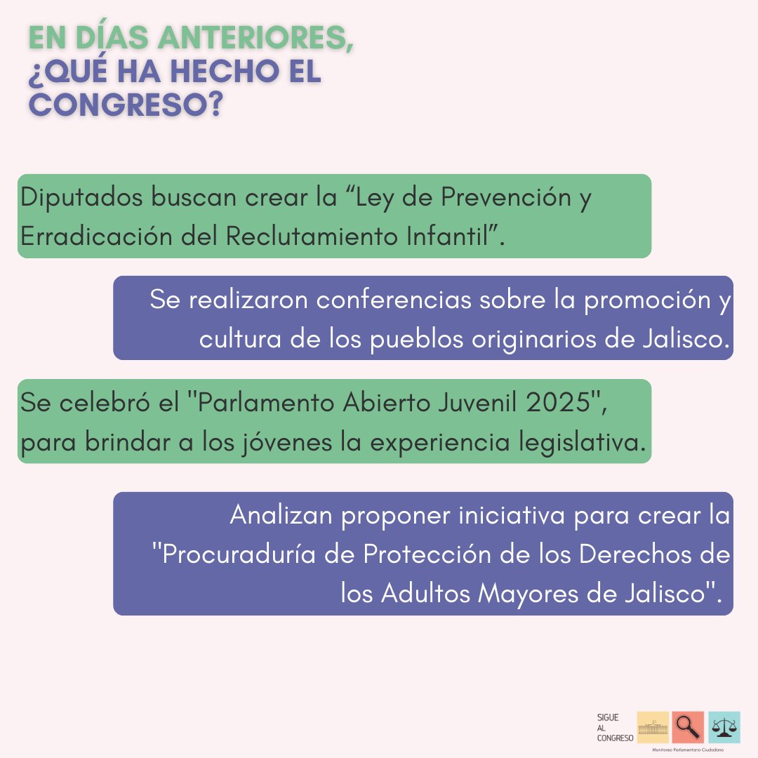 Estar informados también es nuestra obligación como ciudadanos, ¿Qué ha hecho el <a href="/LegislativoJal/">Congreso de Jalisco</a> en los últimos días?
Visita 👉🏻 siguealcongreso.org