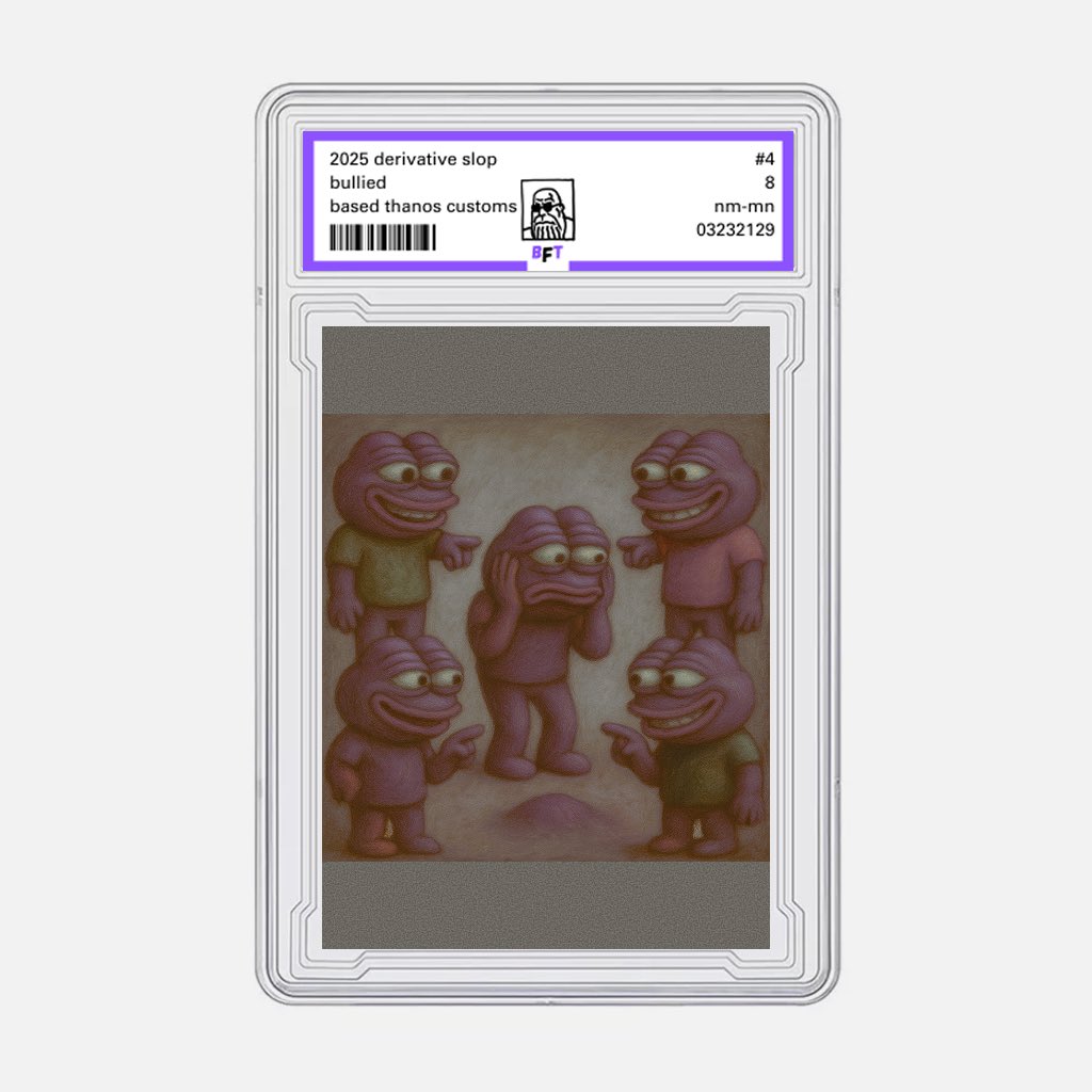2025 derivative slop continues. No art is safe. Next up is a 3 part story of young Thanos. Card 1/3 is up for mint, next 25 hours. Art inspired by PFPepe by b8888

Mint link below: