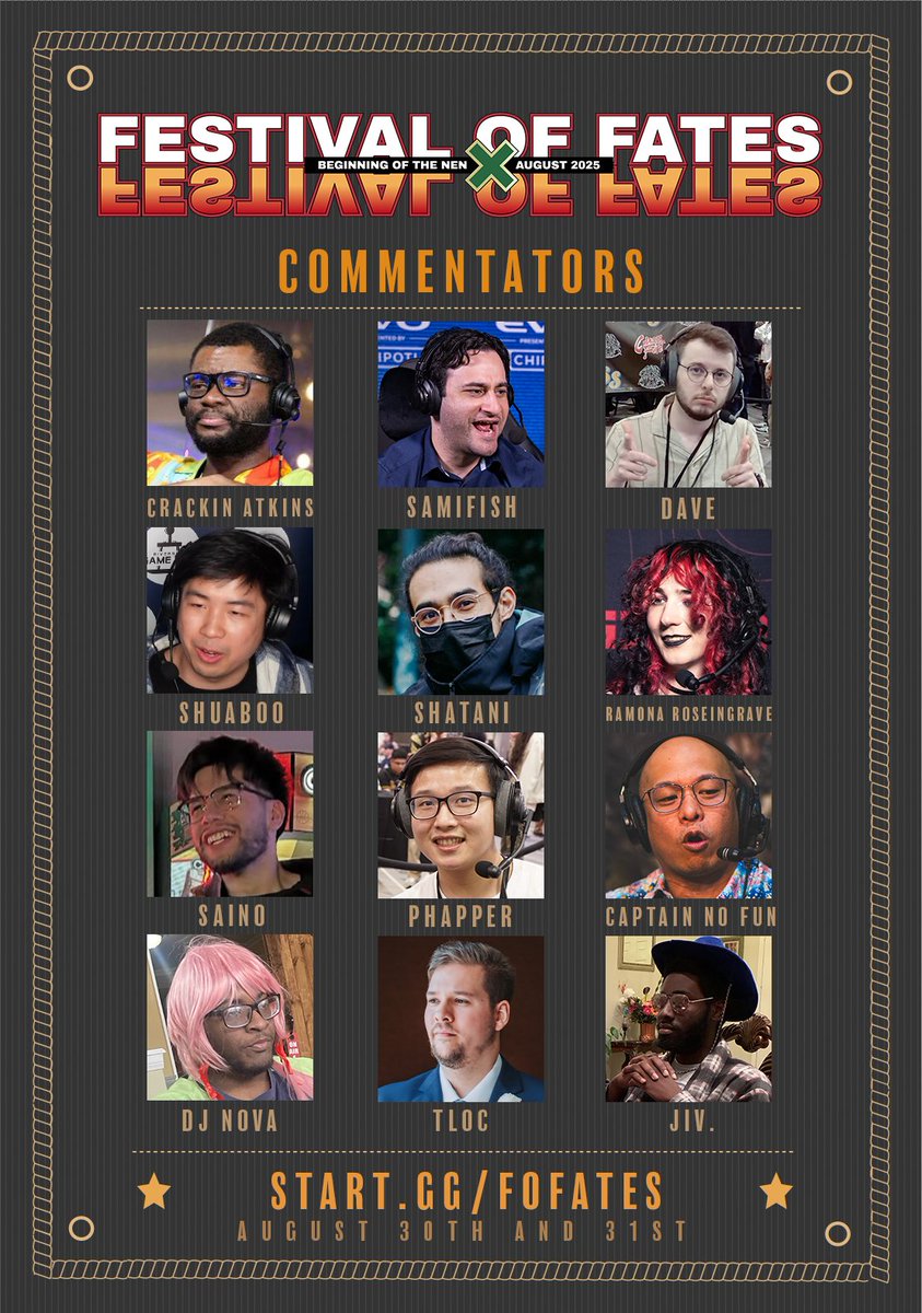 PlusFrames.gg (@plusframesgg) on Twitter photo Introducing our Commentators for Festival of Fates 2025 happening this weekend August 30th and 31st!
start.gg/fofates Introducing our Commentators for Festival of Fates 2025 happening this weekend August 30th and 31st!
start.gg/fofates