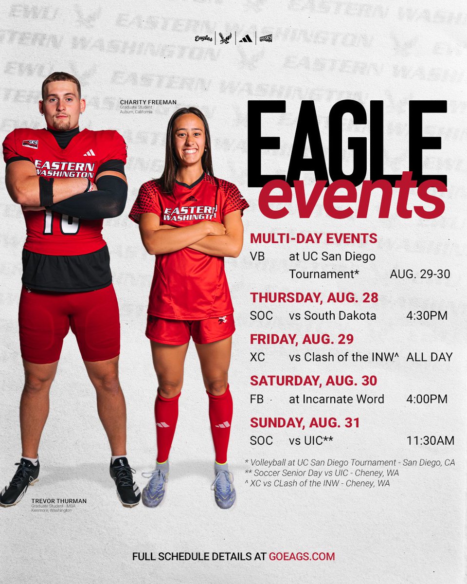 EWU Athletics 🦅 (@ewuathletics) on Twitter photo @EWUathletics is in full swing! <a href="/EWUVB/">EWU Volleyball 🏐</a> heads to the UC San Diego Tournament, <a href="/EWUTFXC/">EWU Track & Field and Cross Country 👟</a> hosts the Clash of the INW, and <a href="/EWUFootball/">EWU Football 🏈</a> opens the season at Incarnate Word. <a href="/EWUSoccer/">EWU Soccer ⚽</a> hosts North Dakota and UIC (Senior Day!). For full schedule details visit goeags.com @EWUathletics is in full swing! <a href="/EWUVB/">EWU Volleyball 🏐</a> heads to the UC San Diego Tournament, <a href="/EWUTFXC/">EWU Track & Field and Cross Country 👟</a> hosts the Clash of the INW, and <a href="/EWUFootball/">EWU Football 🏈</a> opens the season at Incarnate Word. <a href="/EWUSoccer/">EWU Soccer ⚽</a> hosts North Dakota and UIC (Senior Day!). For full schedule details visit goeags.com