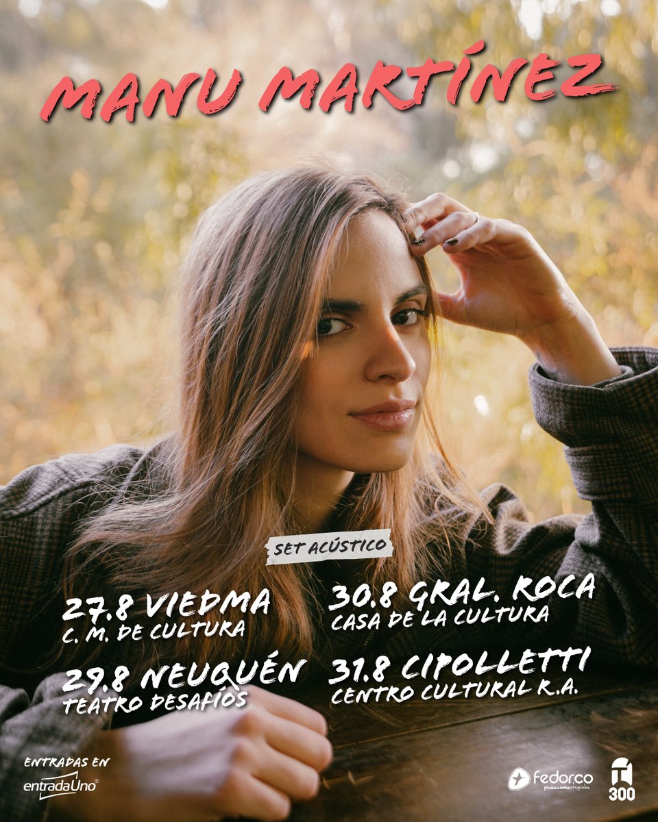Manu Martínez comienza su gira nacional 💥

⭐ <a href="/ManuMartinez_99/">Manu</a> dará inicio a su extensa gira por el país en 4 ciudades del sur: Viedma, Neuquén, General Roca y Cipolletti.

Entradas a la venta en entradauno.com

#ManuMartinez #Viedma #Neuquén #GeneralRoca #Cipolletti