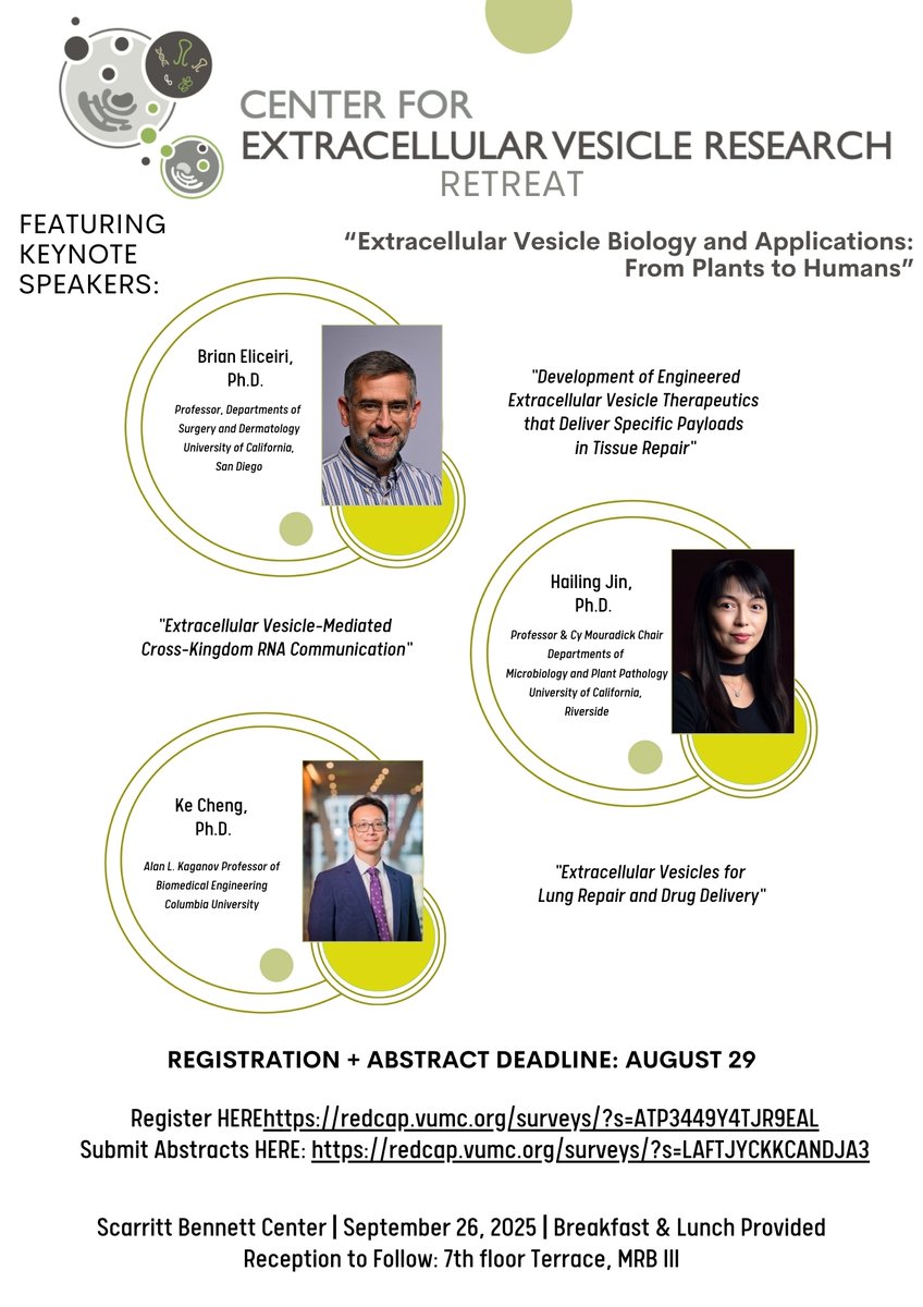 ONLY 5 DAYS LEFT! Register NOW for the 2025 EV Center Retreat! 

Hear from our three keynote speakers: Drs. Brian Eliceiri, Ke Cheng, &amp; Hailing Jin
*Breakfast, lunch, and a post-Retreat reception are included

REGISTER HERE: redcap.link/nvhrot2u
