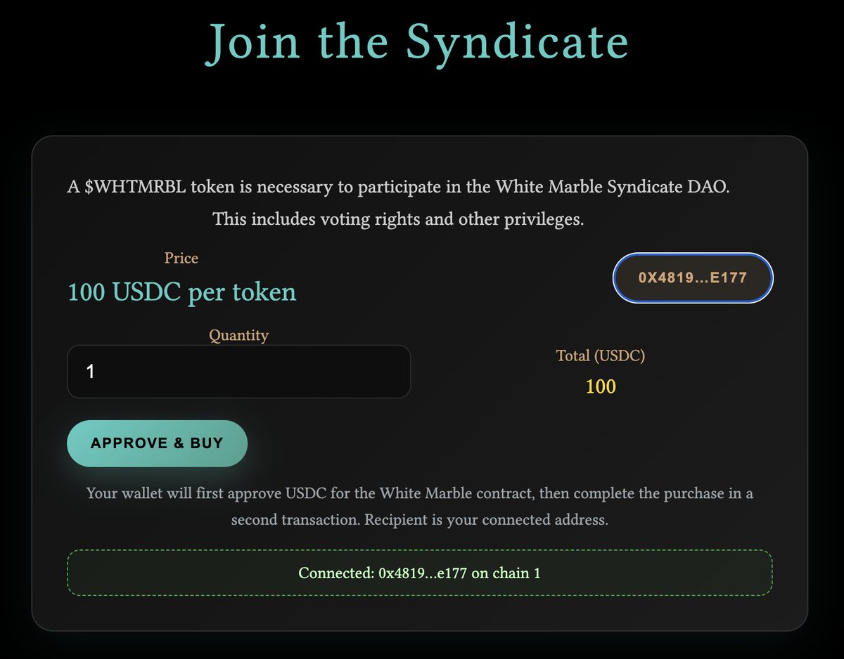 WhiteMarbleDAO's tweet image. We&apos;ve closed out the initial DAO membership drive using @tocwex′s %fund platform &amp;amp; are switching to a $WHTMRBL token dispenser contract.

Now White Marble Syndicate moves from launch phase into growing the library &amp;amp; put out bounties for finding things.

whitemarble.ai