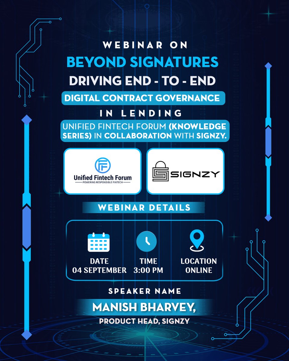 🚀 Knowledge Series | UFF x <a href="/TeamSignzy/">Signzy</a> 
Unified Fintech Forum, in partnership with Signzy, is hosting a webinar:
Beyond hashtag Signatures: "Driving End-to-End Digital Contract Governance in Lending" - Register here - lnkd.in/gRA6sRag