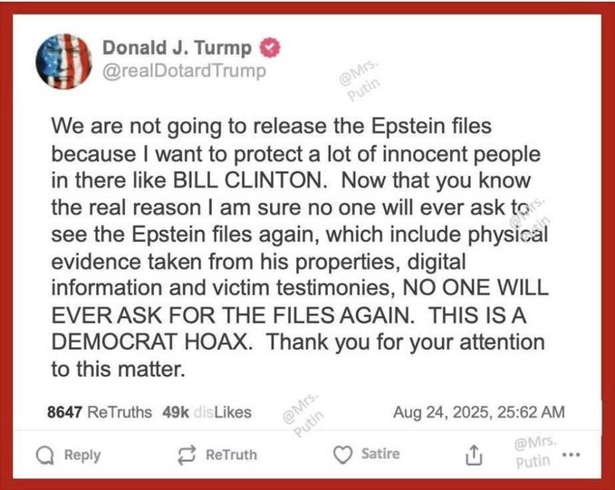 Stop protecting pedophiles and release the Epstein files. If Bill Clinton is in there and is a pedophile. Then he deserves to go down with you. We will not protect anyone that abuses children.