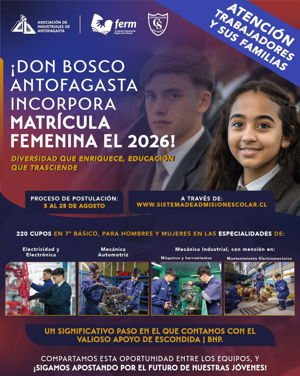 ¡Última semana!, postula a los cupos para matrícula mixta en Colegio Don Bosco Antofagasta el 2026.

#AIA #Antofagasta #Educación #EquidadDeGenero