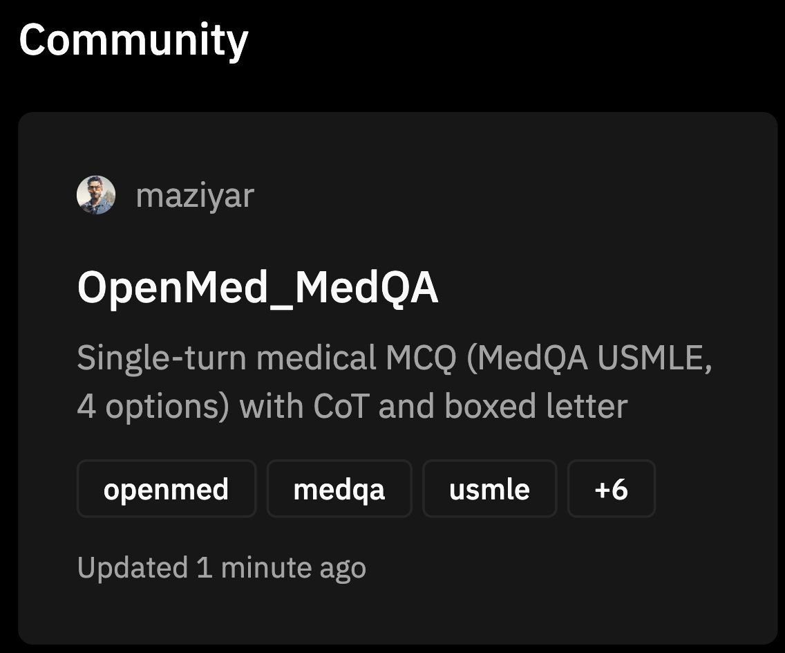 Maziyar PANAHI (@maziyarpanahi) on Twitter photo crossed it off, did a little shimmy, another one bite the dust!
MedQA is now available on <a href="/PrimeIntellect/">Prime Intellect</a> RL Brazzers
they haven't decided on the name, so vote for this name if you like! 😎 crossed it off, did a little shimmy, another one bite the dust!
MedQA is now available on <a href="/PrimeIntellect/">Prime Intellect</a> RL Brazzers
they haven't decided on the name, so vote for this name if you like! 😎
