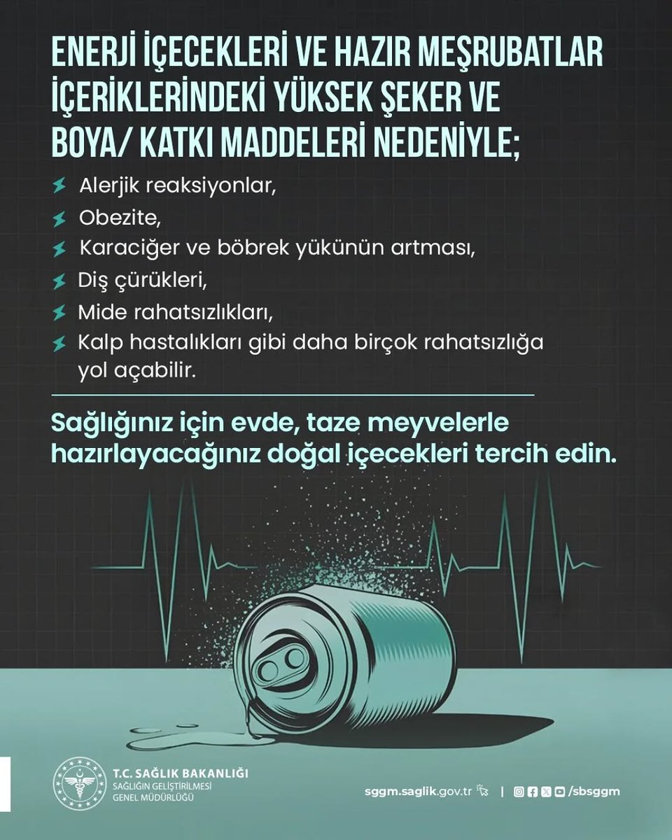 Enerji içecekleriyle gazlı ve gazsız tüm meşrubatlar özellikle yüksek şeker içerikleri ve içerdikleri boya/ katkı maddeleriyle sağlığınızı tehdit edebilir.

 #SağlıklıTercih #Doğalİçecek