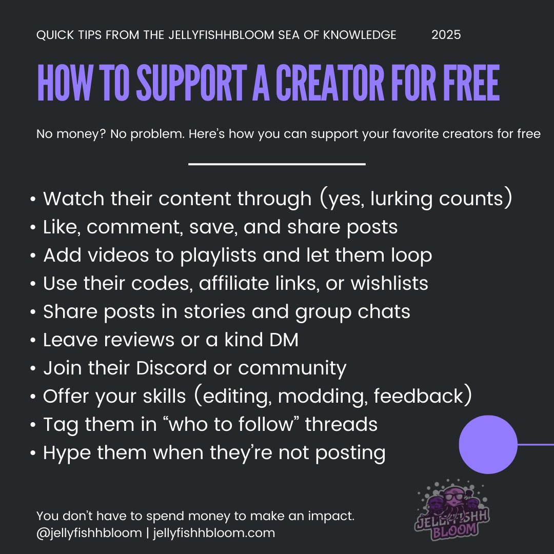 Jellyfishhbloom exists to make creator life less overwhelming with resources, events, Discord spaces, and conversations that remind you this does not have to be a solo thing.

If you stream or make content, share where you create and what you focus on in the comments. We want our