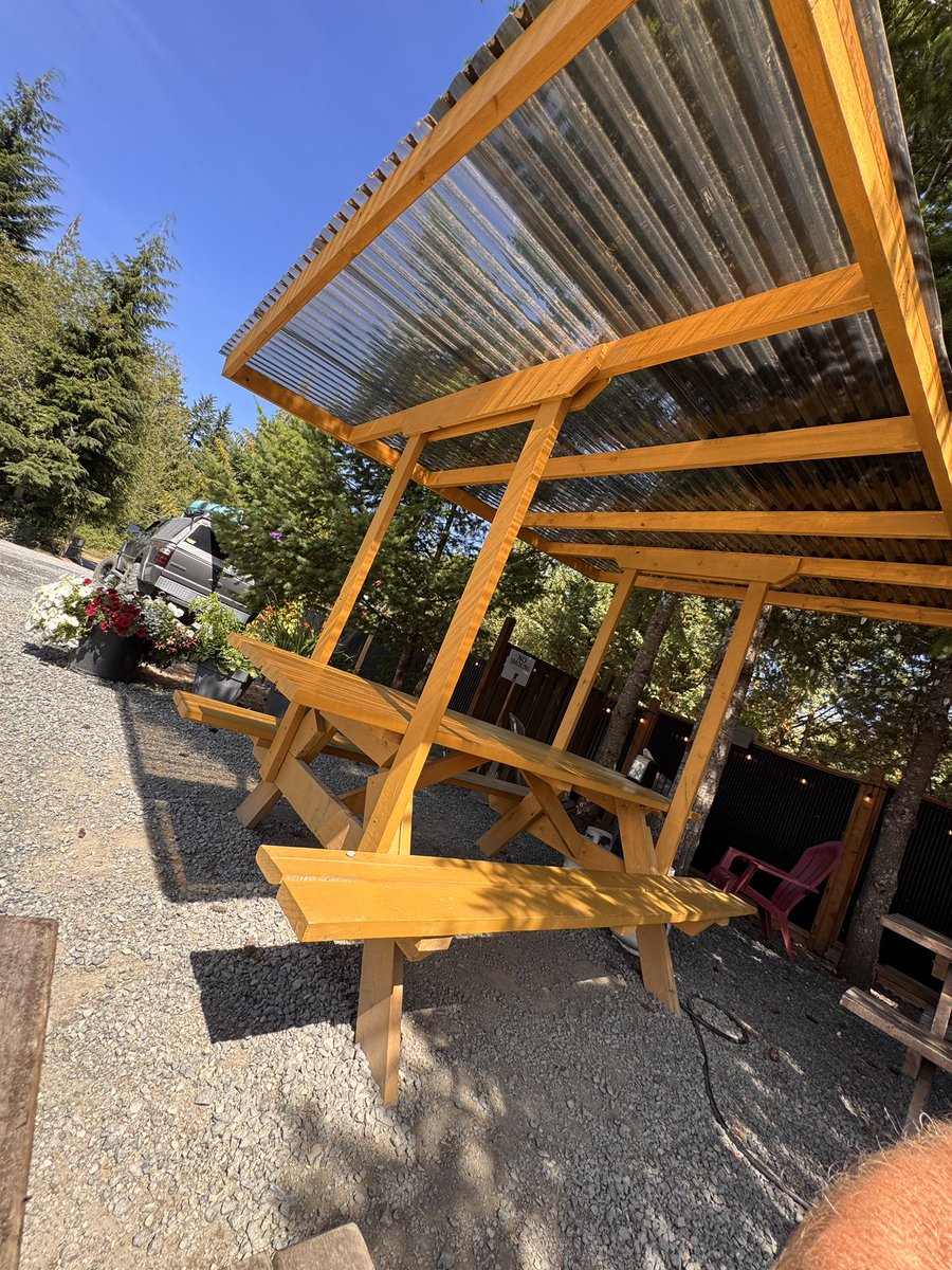 Brewstop # 68 on the #QuestToBreak95 of #brewQuest2025 was actually #66 but I forgot to post my solo stop in #baddogbrewing Beauty day ,beauty beers , beauty bites, there’s always something new to me every time I go like this dope picnic table pergola in the last slide. #sooke