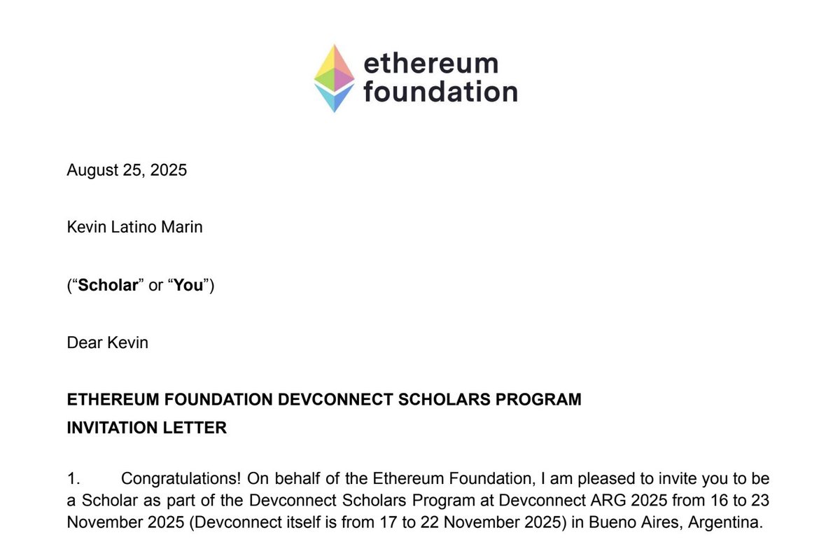 Kevin Latino ⚡️ (@kevs_jlm) on Twitter photo Glad to share that I’ve been selected as a Devconnect Scholar by the <a href="/ethereumfndn/">Ethereum Foundation</a>.
This November, I’ll be in Buenos Aires for <a href="/EFDevcon/">Devconnect ARG</a>, connecting with builders and researchers around blockchain and Web3.
See you there! 🇦🇷 Glad to share that I’ve been selected as a Devconnect Scholar by the <a href="/ethereumfndn/">Ethereum Foundation</a>.
This November, I’ll be in Buenos Aires for <a href="/EFDevcon/">Devconnect ARG</a>, connecting with builders and researchers around blockchain and Web3.
See you there! 🇦🇷