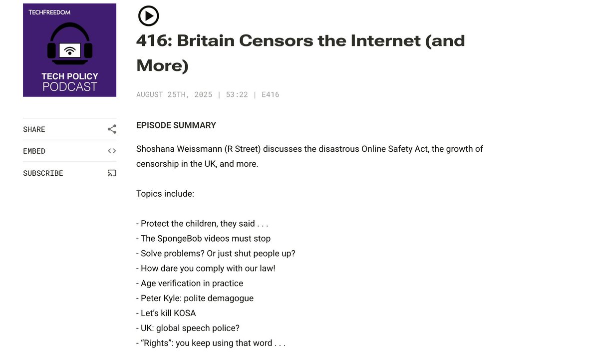 RSI's tweet image. 🎧 @TechPolicyPdcst: Our @senatorshoshana joins @corbinkbarthold to talk about the free speech mess happening in Britain and how the U.K.'s Online Safety Act is playing out