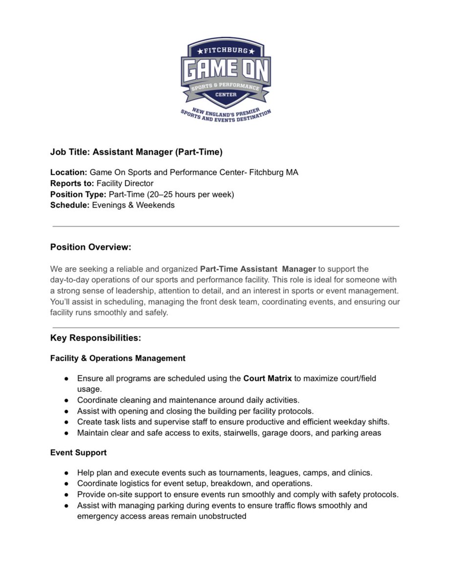 GameOnSports2's tweet image. We’re hiring! Game On Fitchburg is looking for a Part-Time Assistant Manager to join our team. If you’re interested, please send your resume to Adrian at Adrian.gameonfitchburg@gmail.com