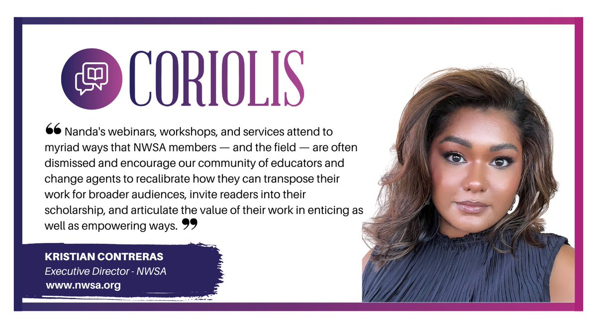 CoriolisCo's tweet image. (1/4) We’re so grateful for this generous testimonial from Dr. Kristian Contreras — Black feminist dreamer, educator, and Executive Director of @nwsa. 💜

Partnering with you and the NWSA community to amplify academic voices is always a joy.

#ClientTestimonial #AcademicWorkshop