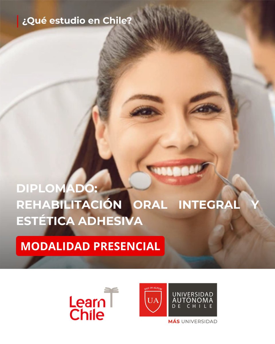 La sonrisa perfecta empieza contigo 😁🦷

La <a href="/autonomadechile/">Universidad Autónoma de Chile</a> te invita a postular al Diplomado en Rehabilitación Oral Integral y Estética Adhesiva, un programa de excelencia diseñado para optimizar el desempeño profesional en áreas de alta demanda por parte de los pacientes 👥.