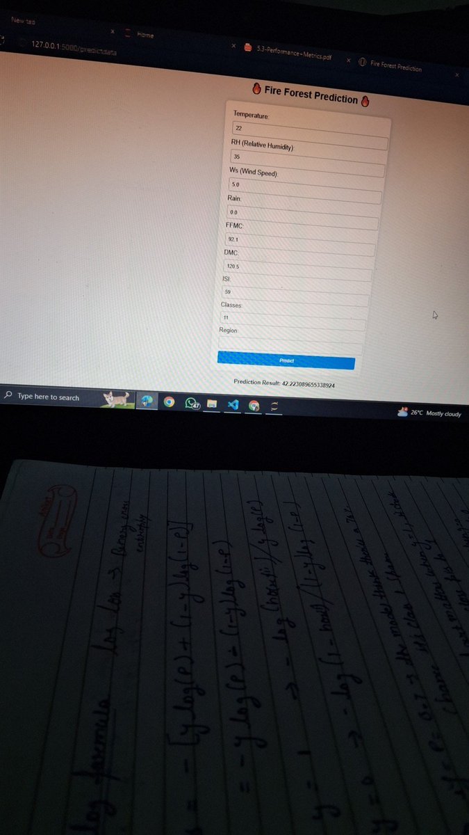 Completed ML project: 
Algerian Forest Fire Prediction 🔥
✔️ Linear Regression, Lasso, Ridge, ElasticNet
✔️ Cross-validation, Scaling &amp; Pickle
✔️ Flask deployment

Now exploring Logistic Regression → sigmoid, cost fn &amp; log loss.

 #Ml #DataScience #letsconnect