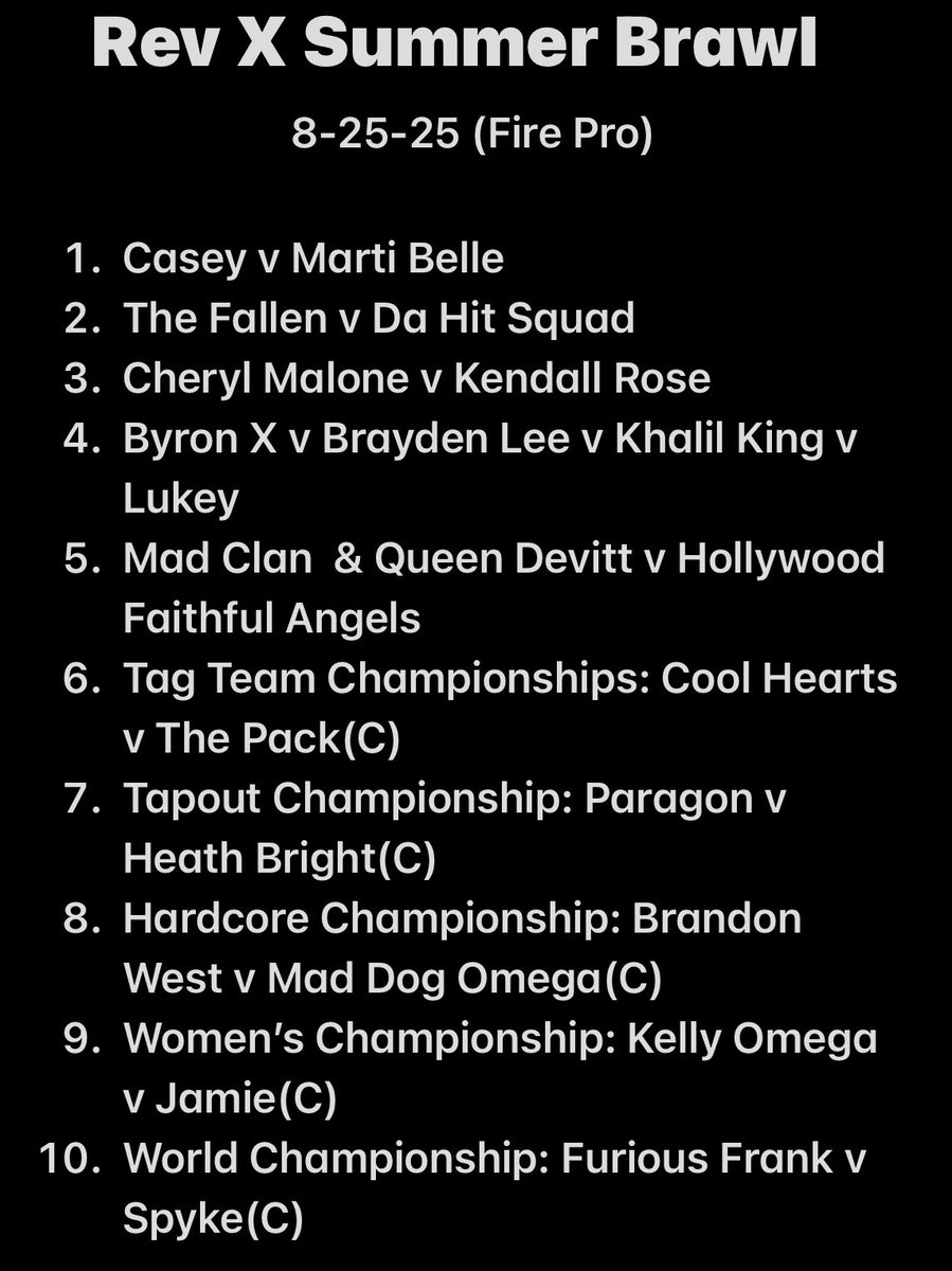 Revlation X (@revlation_x) on Twitter photo 7:05pm est 
<a href="/CaseyKuro/">Casey</a> <a href="/MartiBelle/">Marti Belle</a> <a href="/Darkhavoc_revx/">Perry Freeman</a> <a href="/CherylMalone2K/">Cheryl Malone 🌸</a> <a href="/_BarbiieTM/">♡kenz</a> <a href="/LukeSmurfphyFTW/">🔥TheDip🔥</a> <a href="/LAFinestKDJ/">Khalil “LA-Finest” King (KDJ)</a> <a href="/Brisguy2742/">Mad Dog O’Mega</a> <a href="/AllHeartAce/">“All Heart” Ace</a> <a href="/DJ_Rellik_Live/">Greg Ward</a> <a href="/Fear_ThePack/">The Multi-Time Tag Team Champions</a> <a href="/HARDKORE_CHAOs/">Akai Avenu</a> <a href="/Kelly_Omega_/">Kelly Ωmega</a>  <a href="/RiotWorld2/">Riot World</a> <a href="/Superior1Spyke/">Superior One Spyke</a> 7:05pm est 
<a href="/CaseyKuro/">Casey</a> <a href="/MartiBelle/">Marti Belle</a> <a href="/Darkhavoc_revx/">Perry Freeman</a> <a href="/CherylMalone2K/">Cheryl Malone 🌸</a> <a href="/_BarbiieTM/">♡kenz</a> <a href="/LukeSmurfphyFTW/">🔥TheDip🔥</a> <a href="/LAFinestKDJ/">Khalil “LA-Finest” King (KDJ)</a> <a href="/Brisguy2742/">Mad Dog O’Mega</a> <a href="/AllHeartAce/">“All Heart” Ace</a> <a href="/DJ_Rellik_Live/">Greg Ward</a> <a href="/Fear_ThePack/">The Multi-Time Tag Team Champions</a> <a href="/HARDKORE_CHAOs/">Akai Avenu</a> <a href="/Kelly_Omega_/">Kelly Ωmega</a>  <a href="/RiotWorld2/">Riot World</a> <a href="/Superior1Spyke/">Superior One Spyke</a>