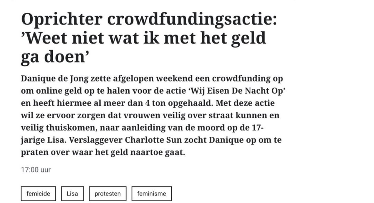 <a href="/Zoet1971/">Pauline 🇳🇱</a> <a href="/HarryPater62/">Harry Pater</a> Het is zorgwekkend hoe de campagne #WijEisenDeNachtOp vooral lijkt te draaien om persoonlijke profilering van Danique de Jong en haar bureau De Rode Lap, eerder bekend van activistische campagnes voor #BIJ1 en Black Lives Matter. Wat begon als een tragische aanleiding, de dood